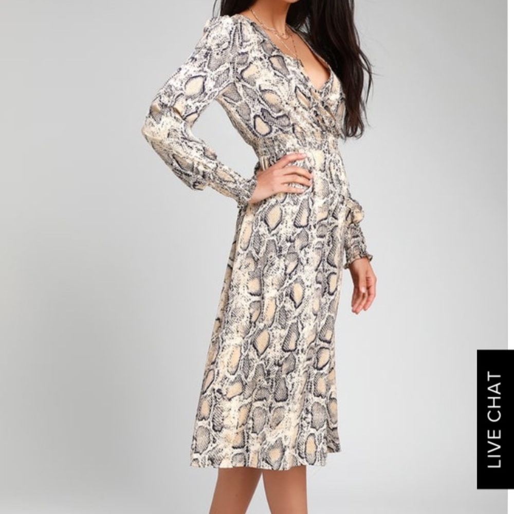 Cream snake print long sleeve midi dress